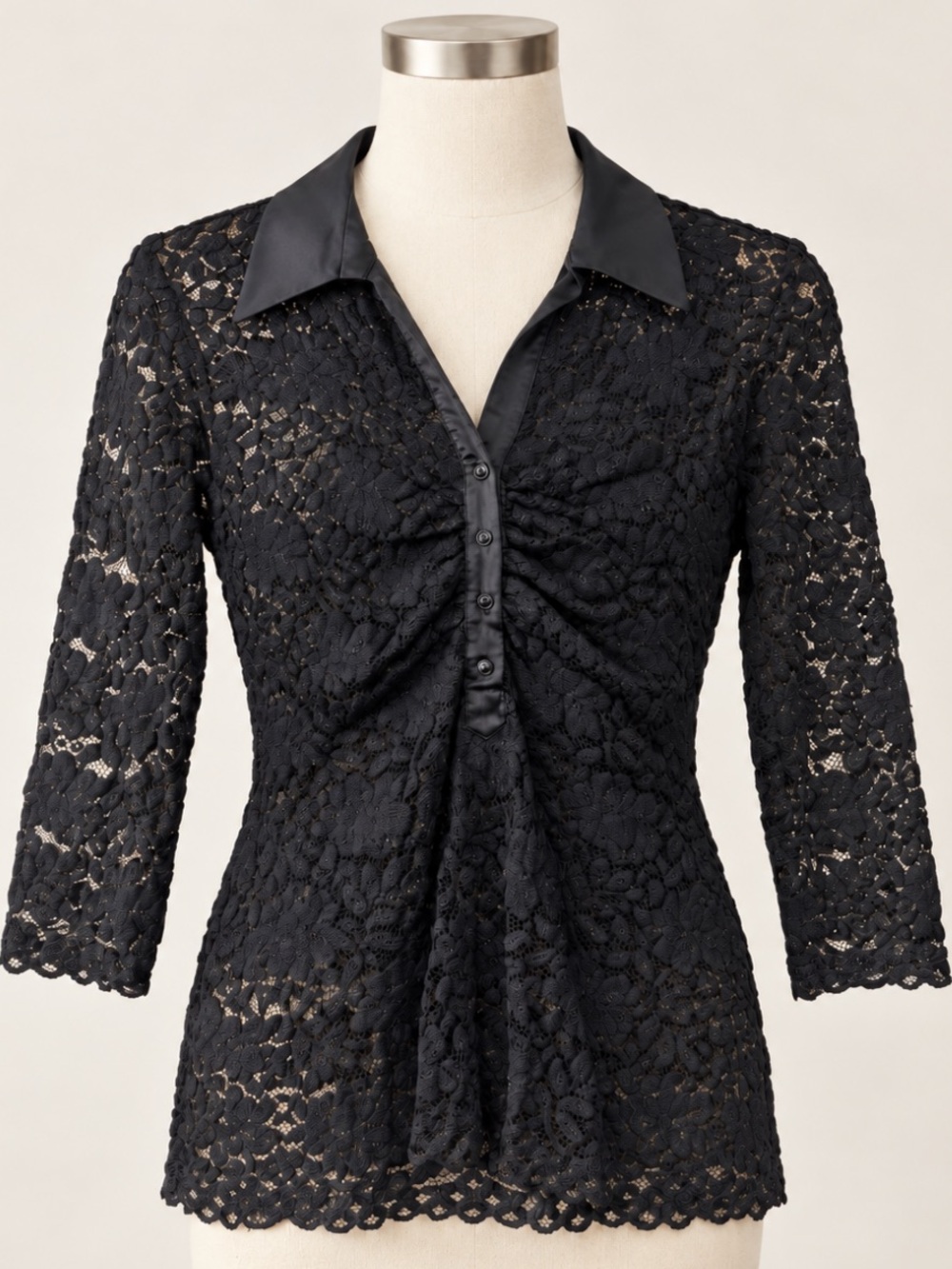 Vintage Cache Black Lace Satin Collared Top Romantic Goth Dark Feminine Glam